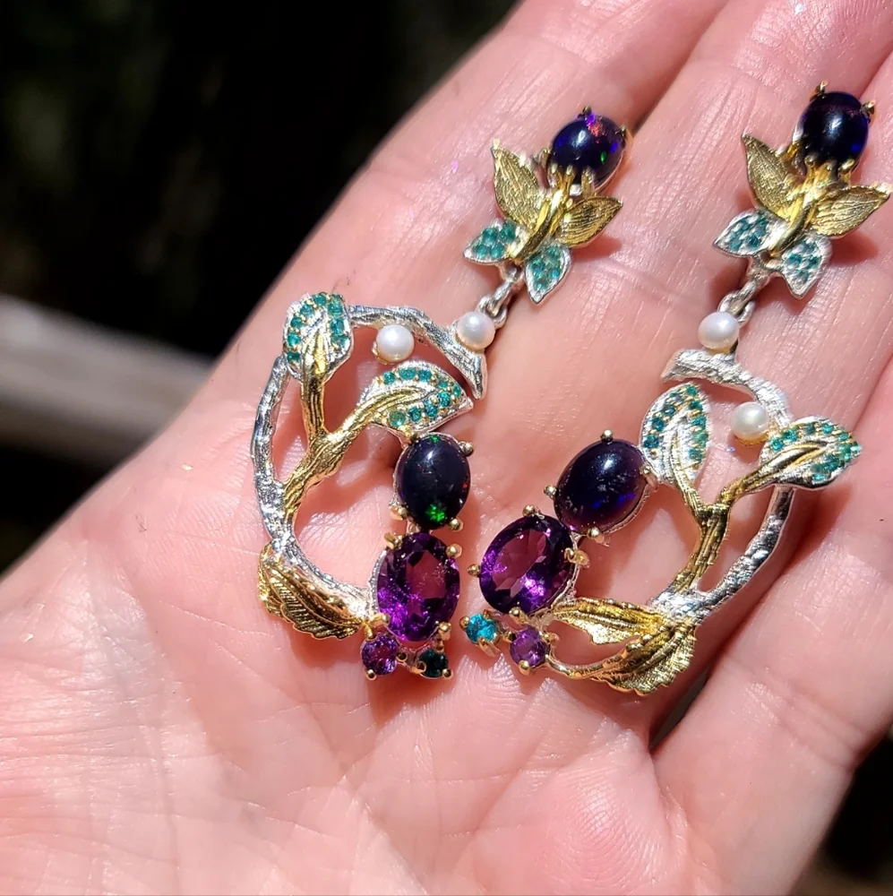 INCREDIBLE fancy Floral Black Opal Aquamarine Amethyst Kyanite & Pearl earrings - Picture 4 of 11